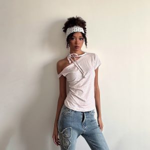 Asymmetric Polka Dot Short Sleeve Top with Tie - Image 2