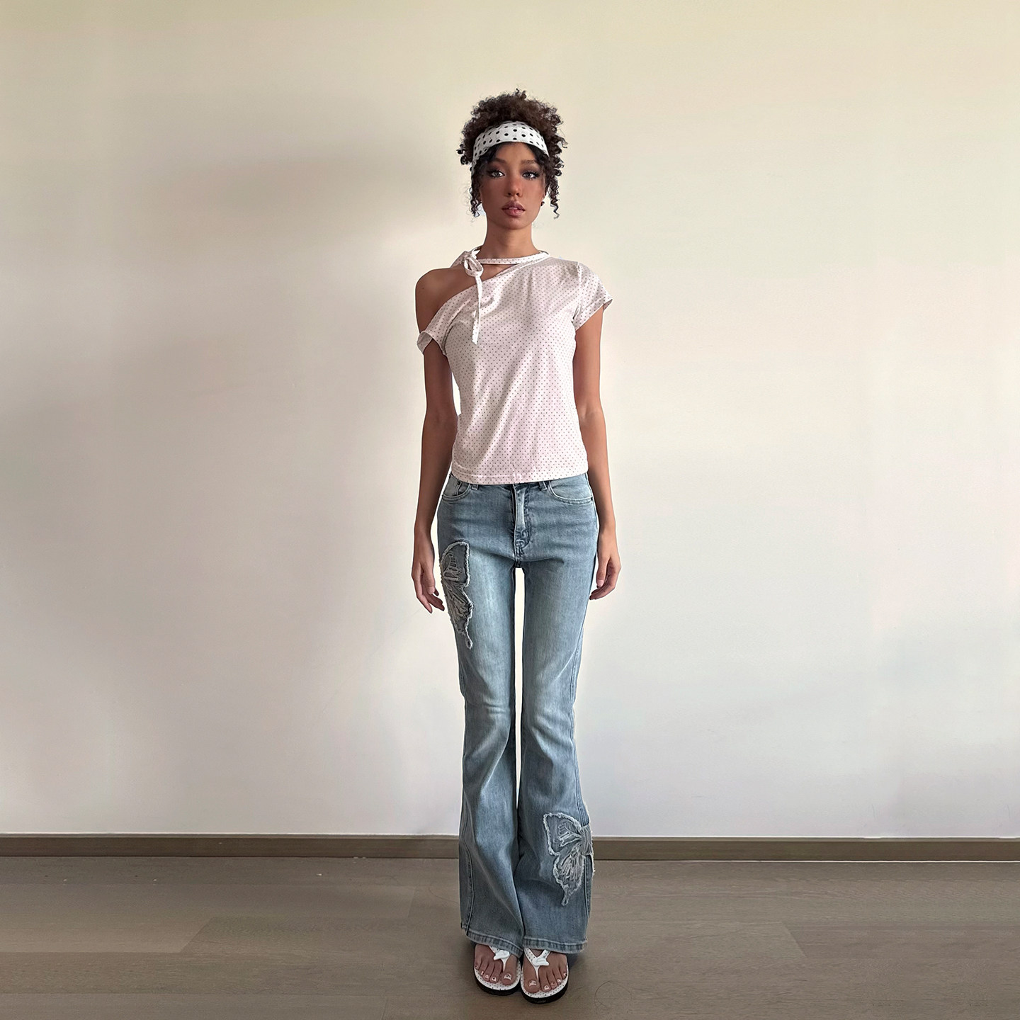 Asymmetric Polka Dot Short Sleeve Top with Tie - Image 4