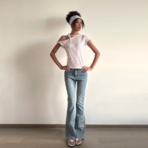 Asymmetric Polka Dot Short Sleeve Top with Tie - Image 5