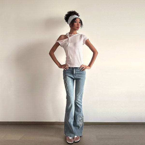 Asymmetric Polka Dot Short Sleeve Top with Tie