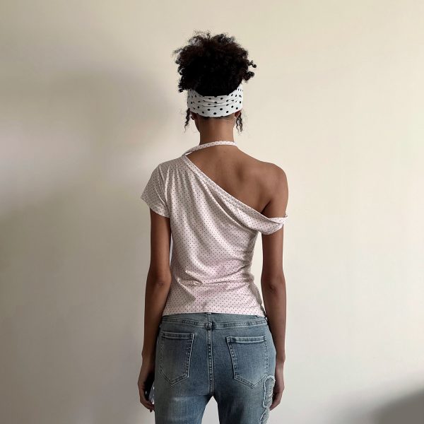 Asymmetric Polka Dot Short Sleeve Top with Tie