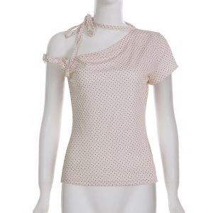Asymmetric Polka Dot Short Sleeve Top with Tie - Image 6