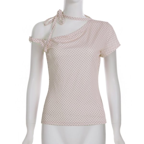 Asymmetric Polka Dot Short Sleeve Top with Tie