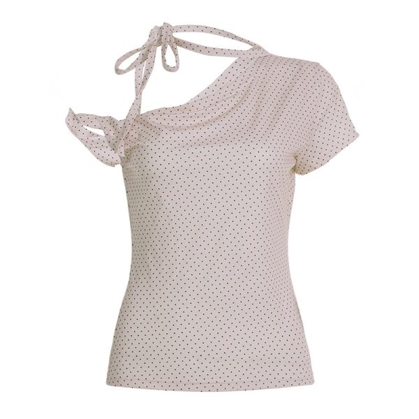 Asymmetric Polka Dot Short Sleeve Top with Tie