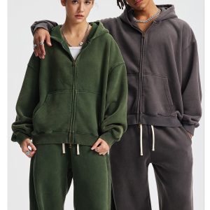 Men's Hoodie Set: 370G Short-fit BOXY Zip-up Jacket + Washed Wax-Dyed Sporty Casual Hoodie Sweatshirt - Image 6
