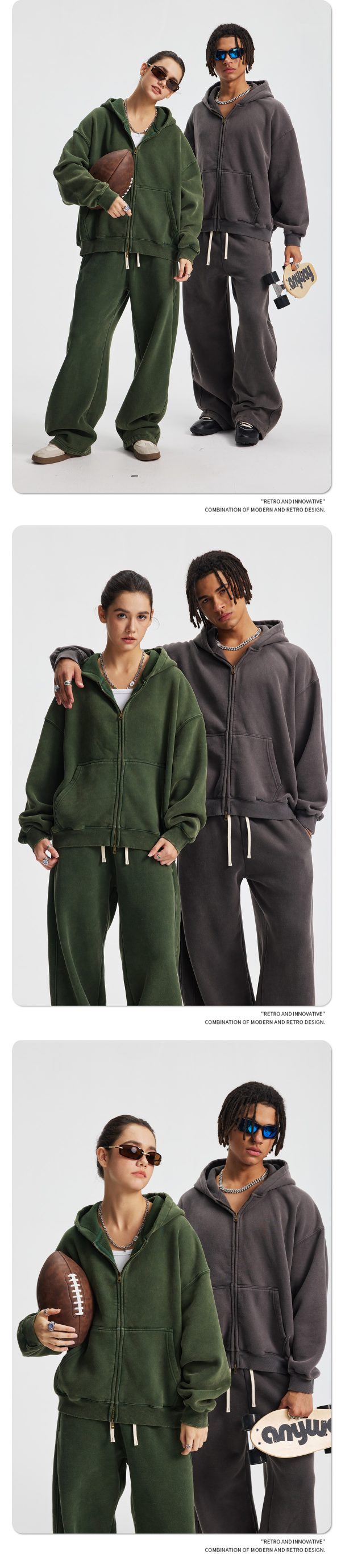 Men's Hoodie Set: 370G Short-fit BOXY Zip-up Jacket + Washed Wax-Dyed Sporty Casual Hoodie Sweatshirt