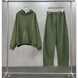 Men's Hoodie Set: 370G Short-fit BOXY Zip-up Jacket + Washed Wax-Dyed Sporty Casual Hoodie Sweatshirt - Image 3